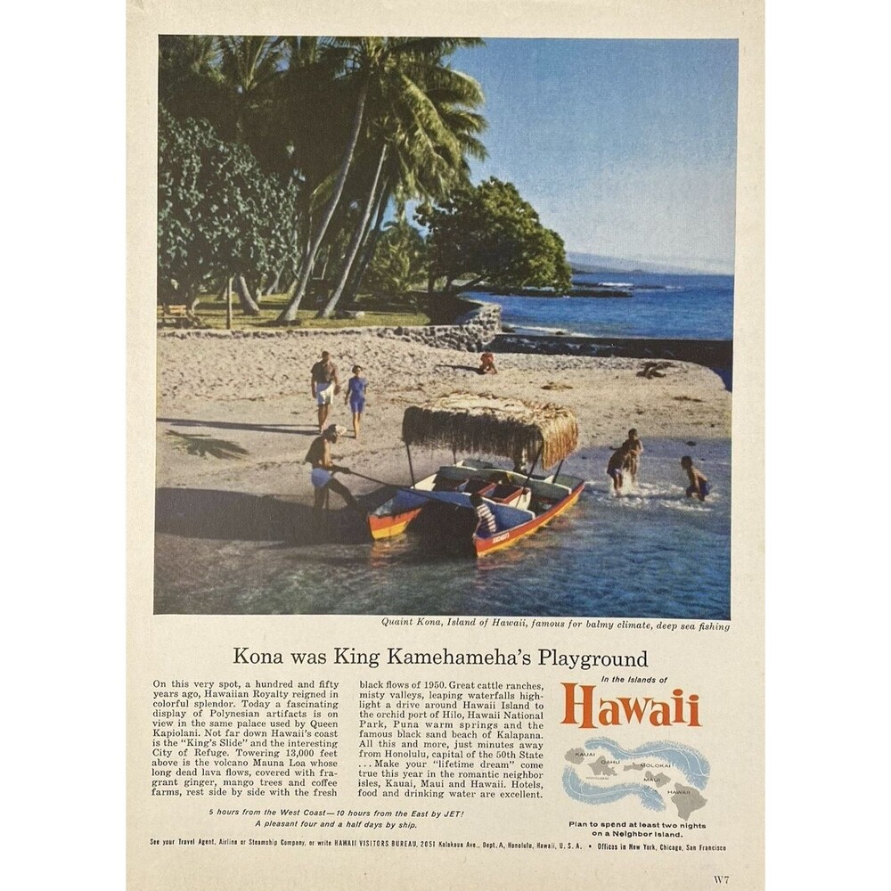 Hawaii Visitors Bureau "Kona was King Kamehameha's Playground" Vtg Print Ad 1960